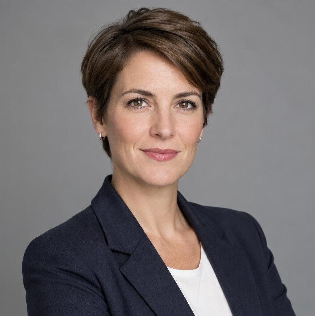 Studio portrait of a Swiss woman journalist with short brown hair