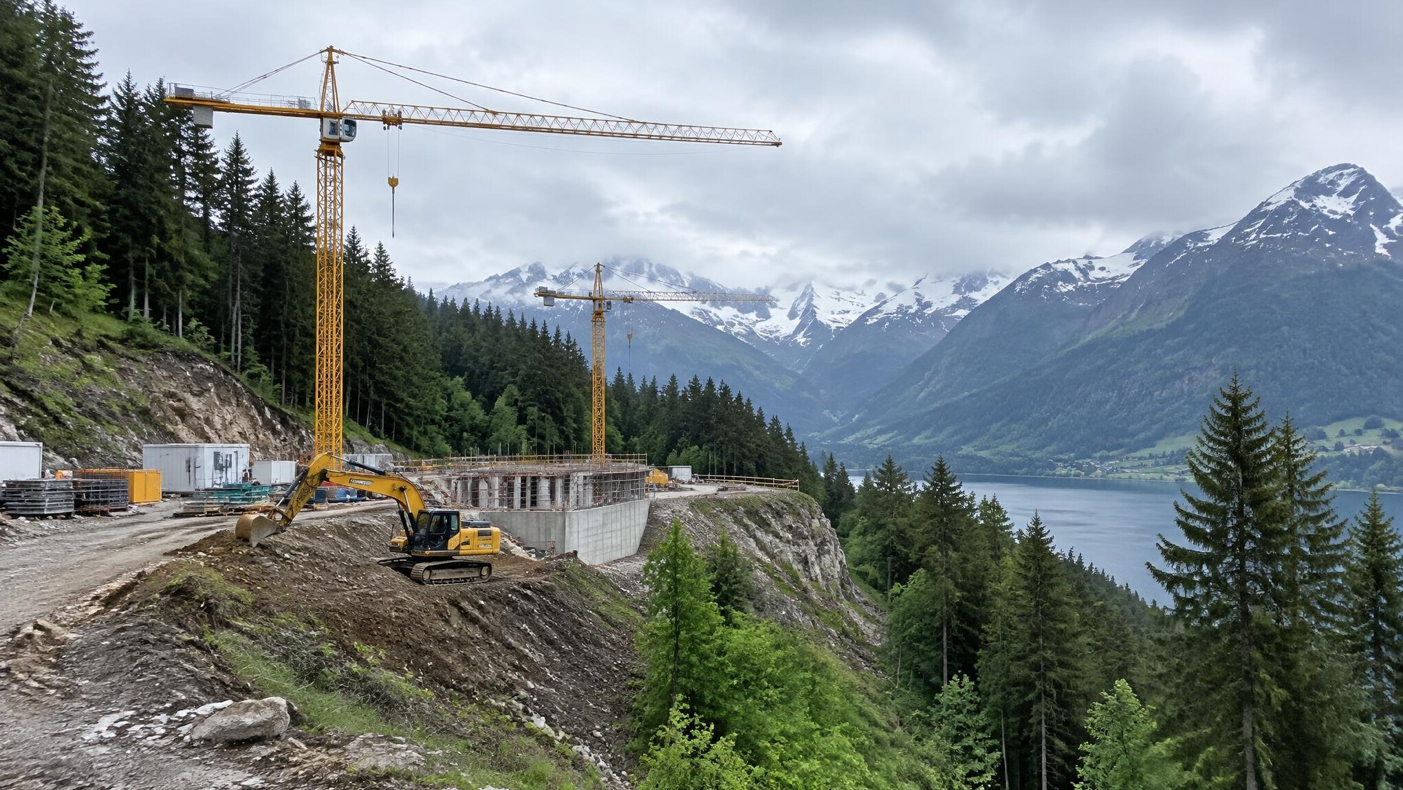 Construction cranes and excavation machinery near a forested nature area