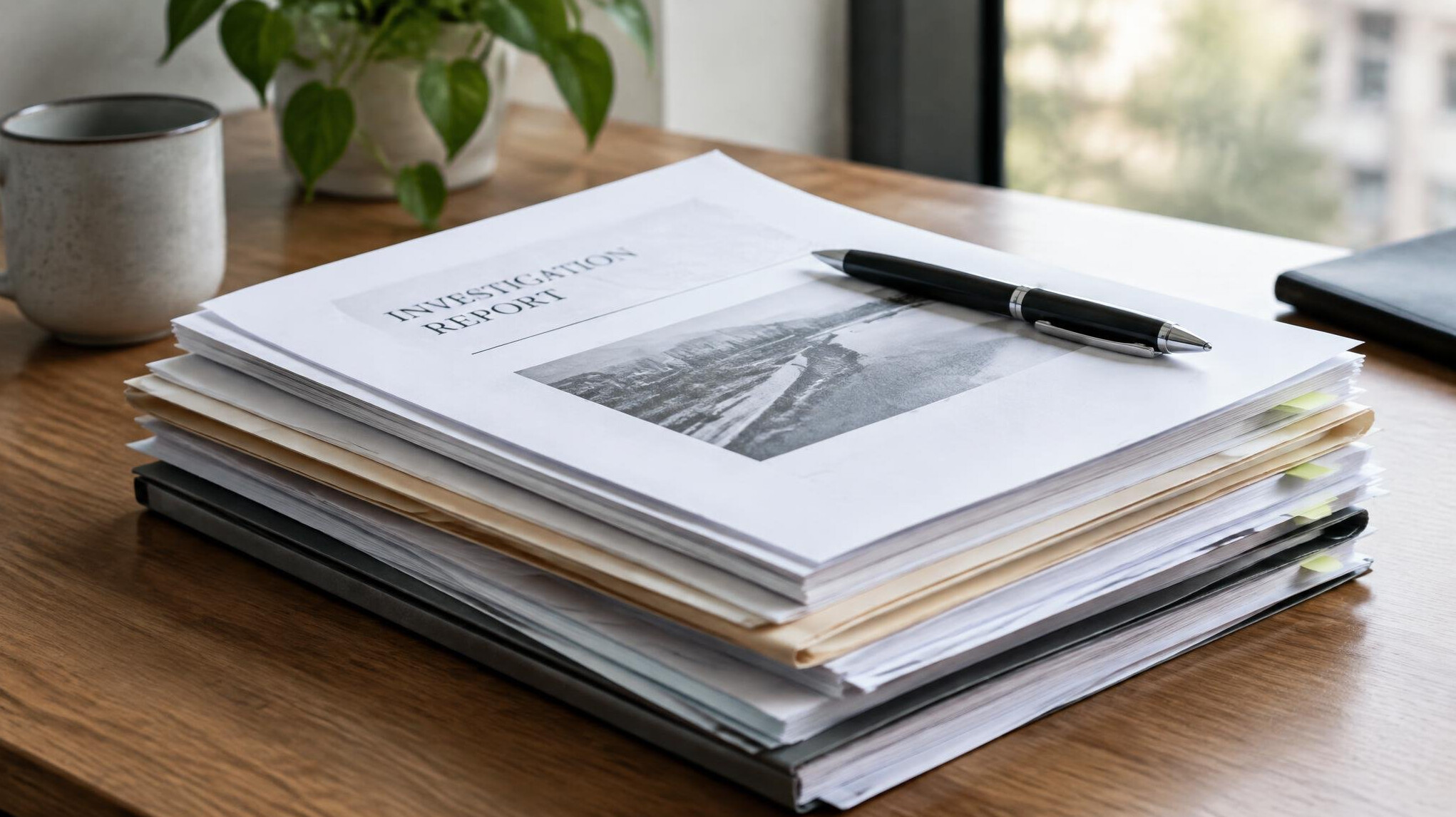 Stack of printed investigation documents and a pen on a desk