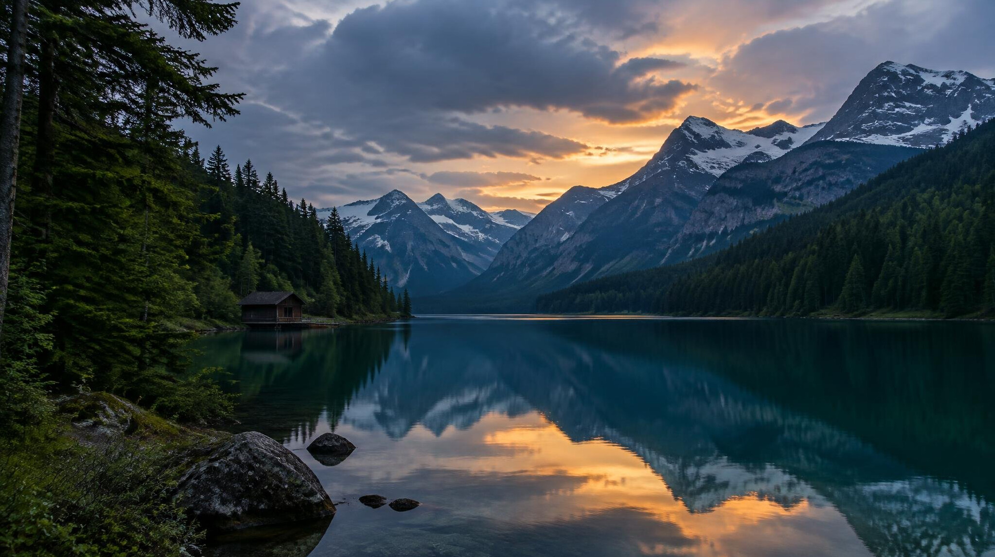 Swiss mountain lake surrounded by forest at dusk