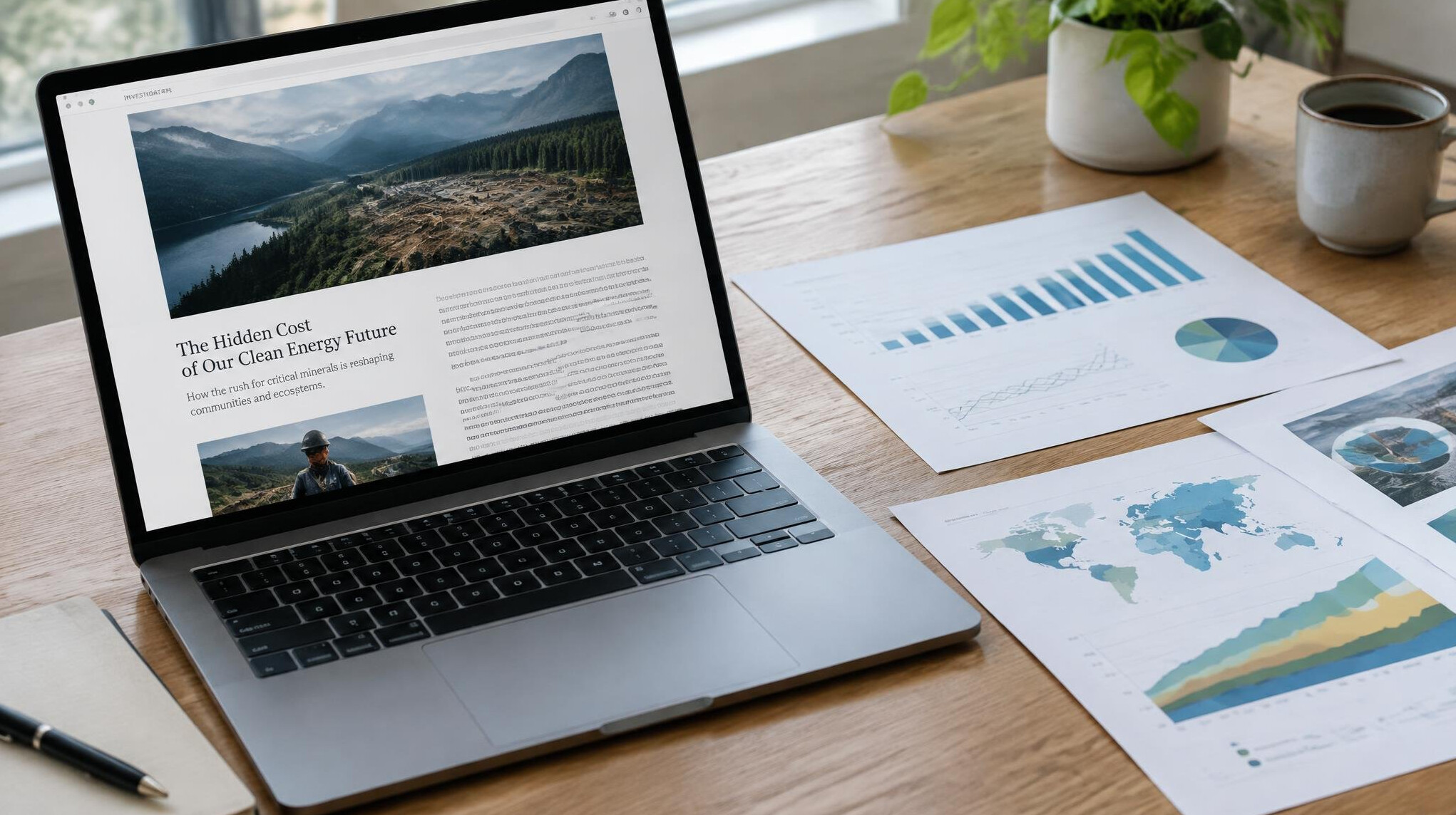Open laptop with a long-form investigation article and printed charts on a desk