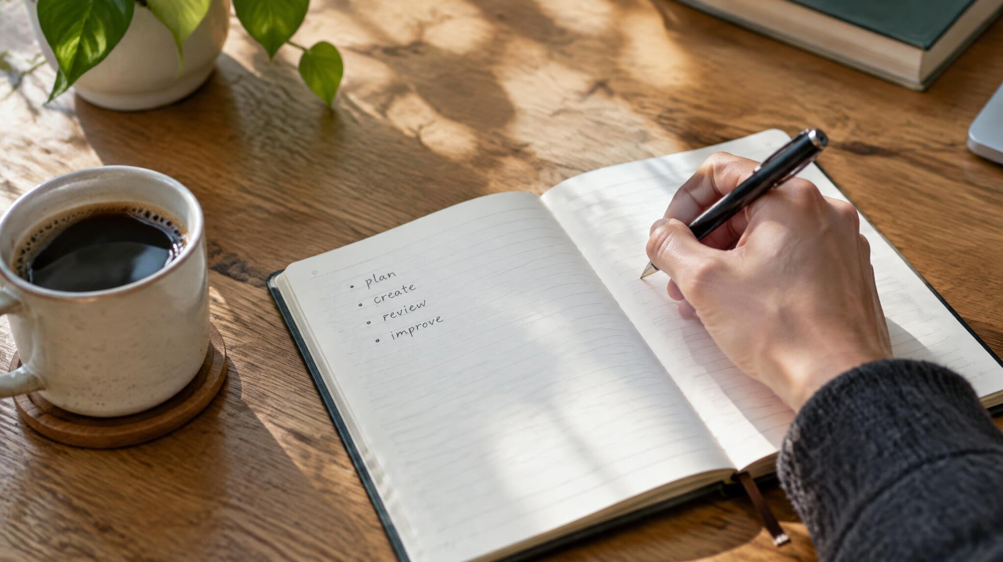 Hand writing notes next to an open notebook and a cup of coffee