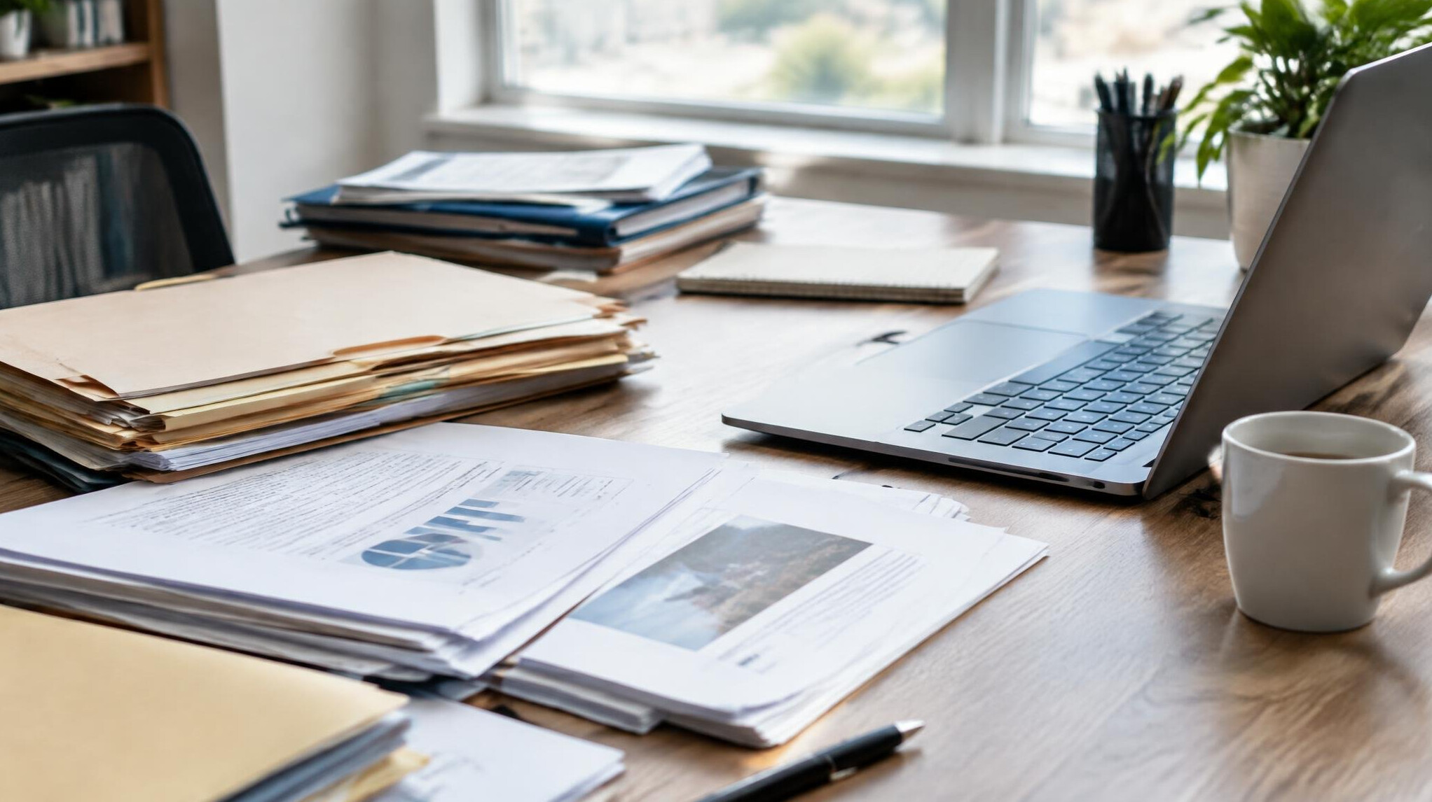 Journalist reviewing printed documents and files at a desk