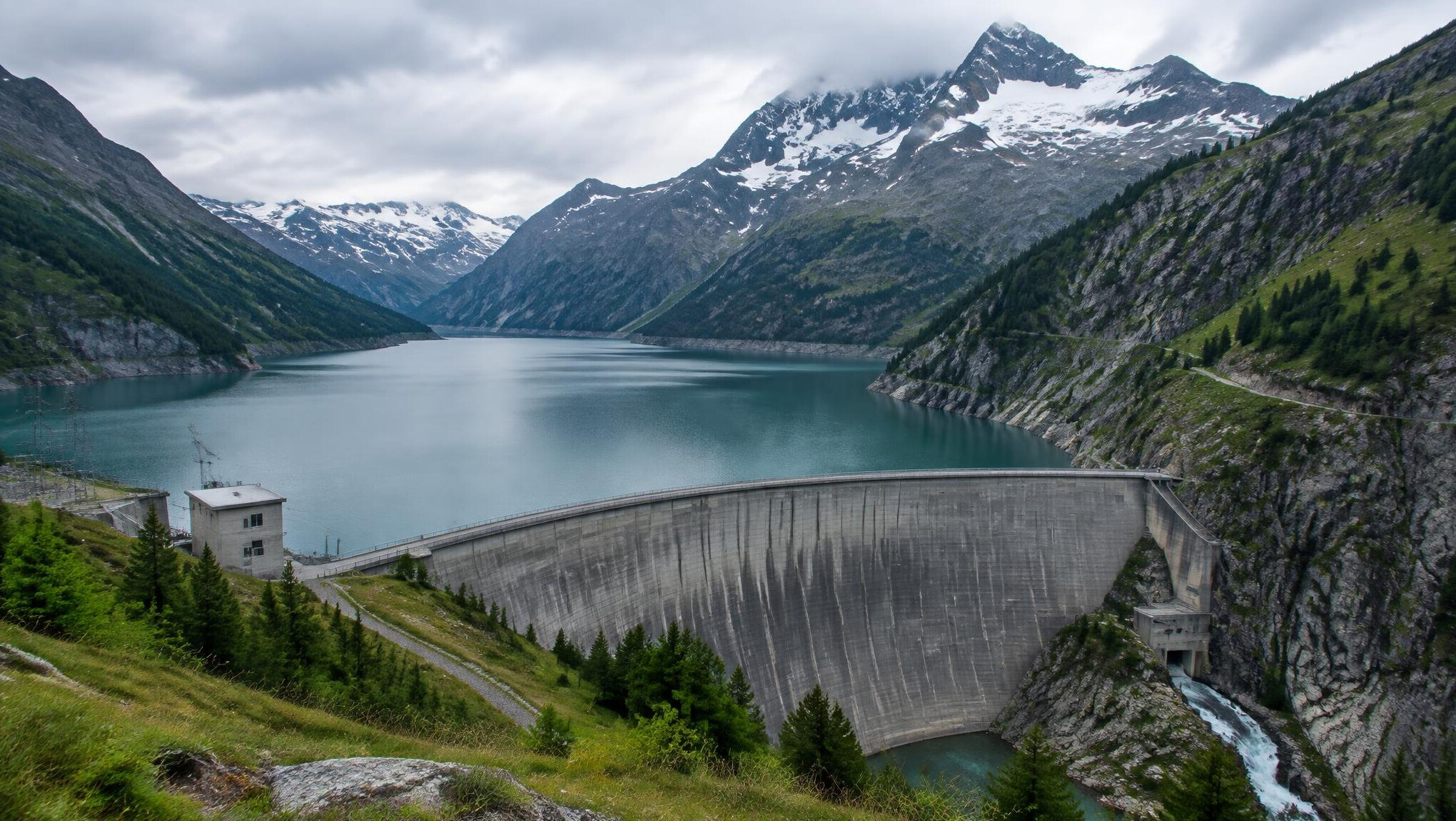 Swiss alpine valley with a hydroelectric dam