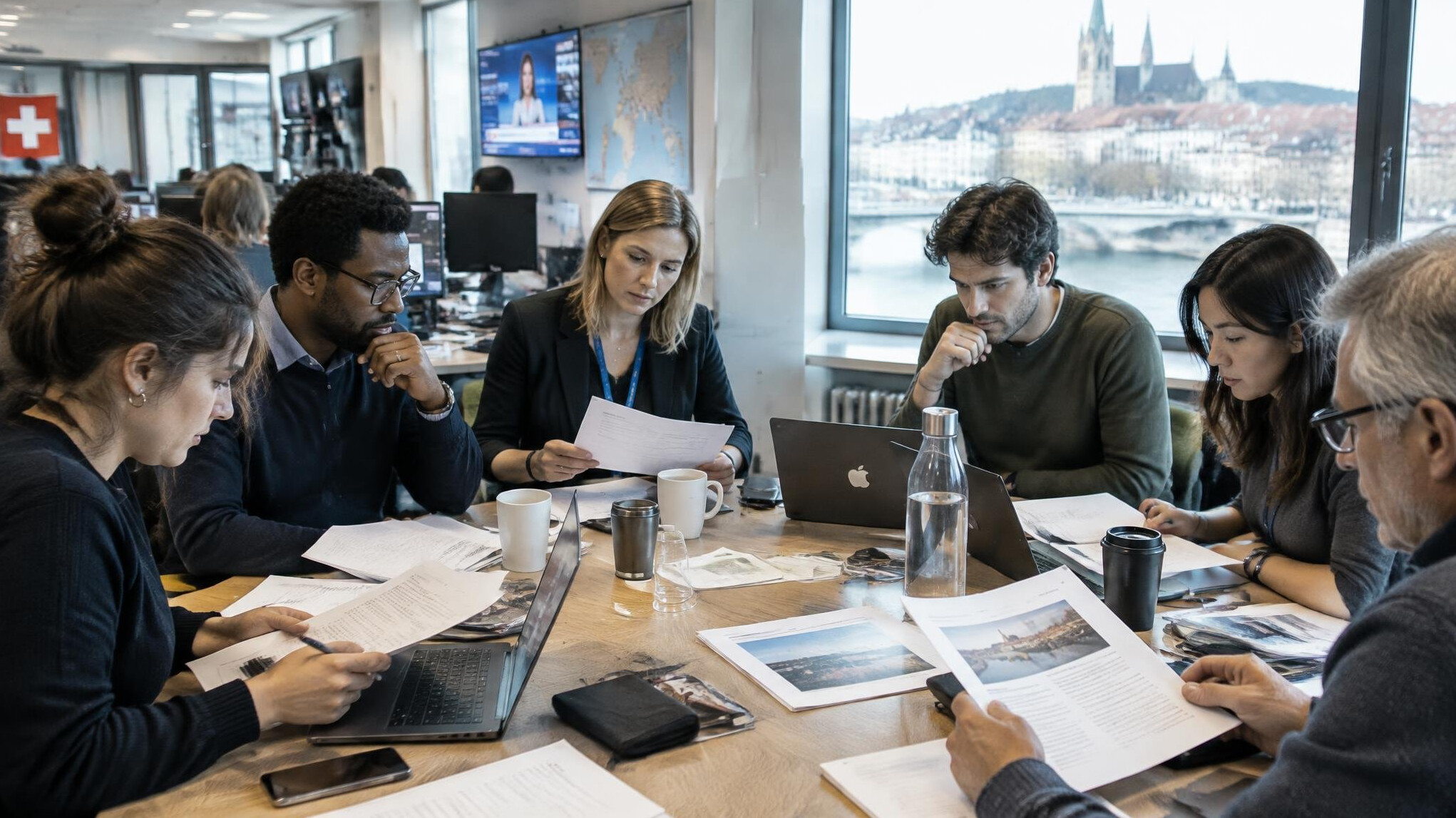 Swiss investigative journalist team analyzing documents and a laptop in a newsroom